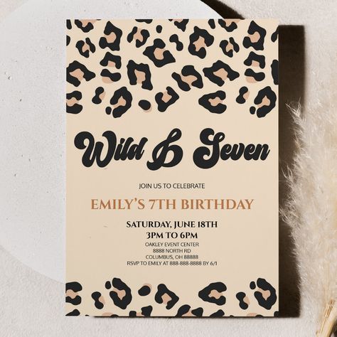 This is a Leopard Cheetah Print Wild & Seven 7th Birthday Party Invitation! Safari Jungle Birthday Party, Animal Print Birthday Party, Leopard Birthday Parties, Cheetah Birthday Party, Cheetah Party, Cheetah Birthday, Leopard Birthday, Wild Birthday Party, Jungle Birthday Party