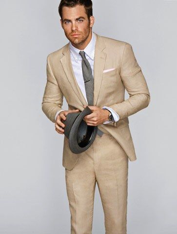 A New Wrinkle: How to Wear Linen   Embrace the wrinkles—it’s the nature of linen.   If you do want to freshen up your suit, have it steamed, not pressed.   Get more mileage from your suit—wear the suit jacket with jeans throughout the summer months.   The Linen Suit Nothing says summer more than linen. Except do you want to say summer 2009 or 1989? Avoid those billowy, pleated linen suits and hunt for a slimmer, more modern-cut one like this. And no cigars, no sandals, please. Suit, $825, DKN... Spring Racing Fashion, Ocean's Eleven, Costume Beige, Khaki Suit, Suit Guide, Terno Slim, Grey Tuxedo, Tan Suit, Suit Costume