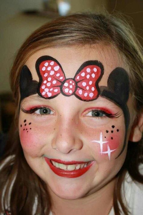 Minnie Mouse face painting, but without the now and ears on the forehead. Minnie Mouse Face Paint, Minnie Mouse Face Painting, Mouse Face Paint, Face Painting For Kids, Mickey Mouse Themed Birthday Party, Girl Face Painting, Face Painting Easy, Kids Face Paint, Face Painting Halloween