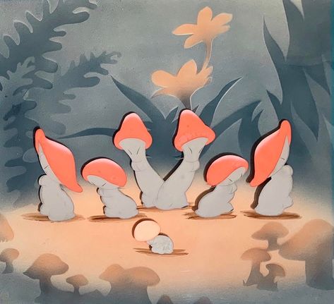 Original Animation Cel of Mushrooms from "The Nutcracker Suite" sequence of "Fantasia," 1940 Fantasia Mushrooms, Disney Nutcracker, Cel Animation, Disney Fantasia, The Sorcerer's Apprentice, Animation Cel, Fantasia Disney, Autumn Illustration, Animation Artwork