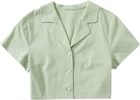 SweatyRocks Women's Short Sleeve Lapel Collar Button Down Shirt Plain Crop Top Blouse Mint Green M at Amazon Women’s Clothing store Plain Crop Tops, Cute Crop Tops, Plain Shirts, Crop Top Blouse, Green Blouse, Notched Collar, Crop Shirt, Lapel Collar, Cute Fashion