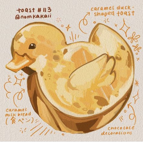 by nomkakaii Duck Bread, Food Lettering, Food Doodles, 귀여운 음식 그림, Food Drawings, Food Tech, Art Sketches Doodles, Food Illustration Art, Dress Design Drawing