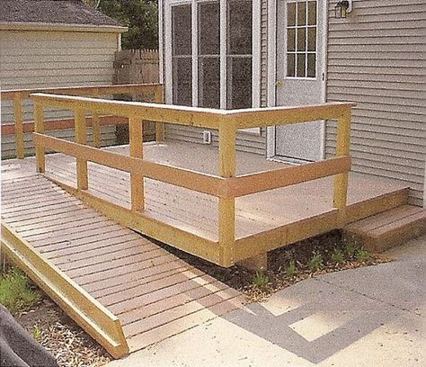 Accessible Front Porch, Front Porch With Ramp, Decks With Ramps Ideas, House With Ramp Instead Of Stairs, Ramp To Front Door, Decks With Wheelchair Ramps, Front Porch With Ramp And Stairs, Turn Stairs Into Ramp, Porch With Ramp And Stairs