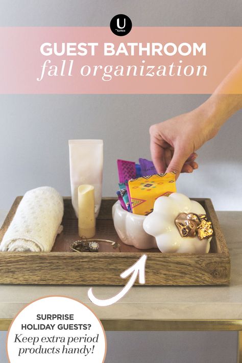 Keep your holiday guests happy by leaving a tray with helpful items, like a fall-themed container for pads, tampons and liners!   They’ll find everything they need in one spot – especially if they forgot to pack for their period!   Stock up on U by Kotex® with a limited time coupon now! Workplace Bathroom, Kotex Pads, Fall Organization, Tampon Storage, Bathroom 2023, Rental Bathroom, Pads Tampons, I Have A Dream, Guest Bathroom