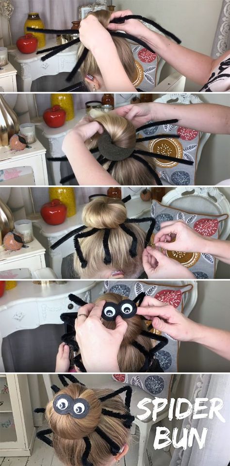 DIY Halloween Spider Hair Bun Tutorial Is Easy and Inexpensive! Spider Hair Bun, Tutorial Chignon, Diy Halloween Spider, Sweethearts Hair Design, Spider Hair, Halloween Fest, Hair Bun Tutorial, Wacky Hair Days, Bun Tutorial