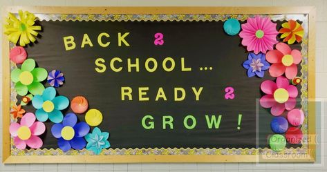 A back to school bulletin board has never been so colorful and easy to put together! #backtoschool #schoolbulletinboards School Reopening Decoration, Notice Board Decoration Ideas School, Back To School Bulletin Boards Preschool, Grow Bulletin Board, Board Decoration Ideas School, School Welcome Bulletin Boards, Bulletin Board Template, Garden Bulletin Boards, Inspirational Bulletin Boards