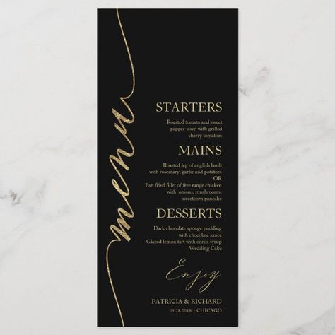 Dinner Menu Card, Event Stationery, Black And Gold Wedding, Menu Card Design, 21 Diner, Menue Design, Wedding Dinner Menu, Event Menu, Fancy Script