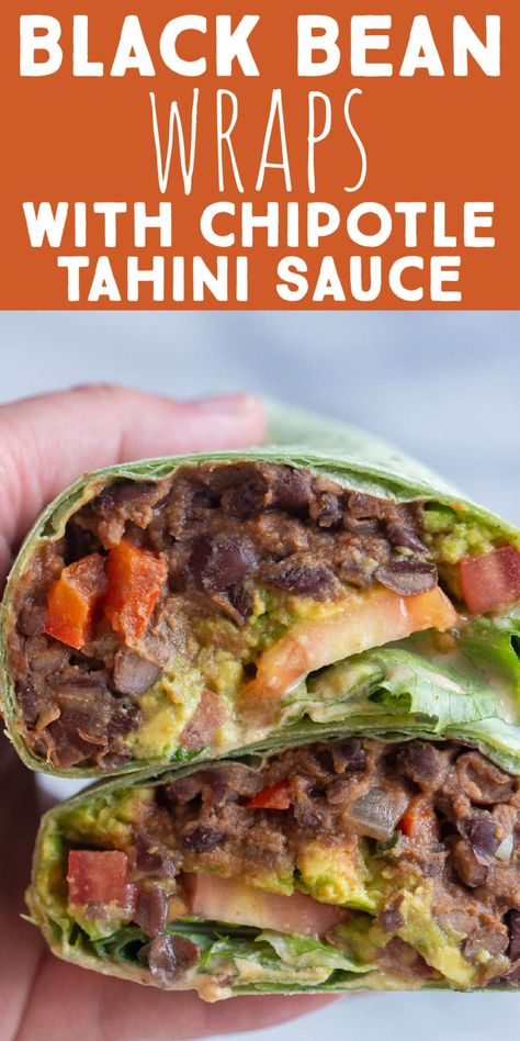 These Black Bean Wraps are easy to make and great for weekday lunches. The beans are spiced perfectly and the chipotle tahini sauce adds lots of depth of flavor. Serve with a side of chips or fries for a complete meal. These vegan black bean wraps will become your new go to lunch recipe! #blackbeanwrap #lunchrecipe #veganfood #easymealidea Black Bean Wraps Recipes, Black Bean Wraps, Wfpb Meals, Bean Wrap, Weekday Lunches, Vegan Black Bean Burger, Black Bean Burger, Tahini Recipe, Vegetarian Recipes Lunch