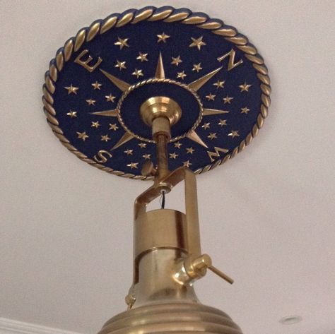 Cool Room Items, Blue And Gold Room, Ceiling Fan Decor, Navy And Gold Decor, Nautical Interior Design, Celestial Room, Rose Ceiling, Decor Ceiling, Compass Wall Decor