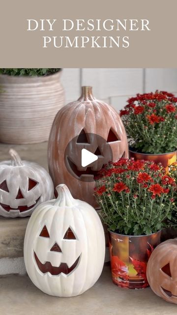 Liz Lovery | Interior Design & DIY on Instagram: "✨DIY Jack-O-Lanterns (in 3-minutes!): DIY Pottery Barn Pumpkin Dupes✨

This super easy Halloween DIY is a designer dupe to the virtual PB terracotta pumpkins, but for a fraction of the price! This DIY is beginner-friendly and will take only a few minutes to complete! 🎃 Here’s how to do it:

👉🏻Cover any inexpensive faux pumpkin or jack-o-lantern in spray paint in the color of your choice (it doesn’t matter what finish)
👉🏻While the paint is still wet, immediately cover the pumpkin in baking soda
👉🏻Use and old makeup brush to light dust the baking soda off of the pumpkin in vertical strokes (or along the ridges) until you reach the desired look

🎨 Colors I Used:  Chiffon Cream by Behr, Chocolate Pretzel by Glidden, Warm Caramel by Rust Baking Soda Paint Pumpkins, Painted Pumpkins With Baking Soda, Diy Terracotta Pumpkin Paint, Pottery Barn Terracotta Pumpkin Diy, How To Paint Plastic Pumpkins White, Pottery Barn Pumpkin, Old Makeup, Baking Soda Uses, Chocolate Pretzels