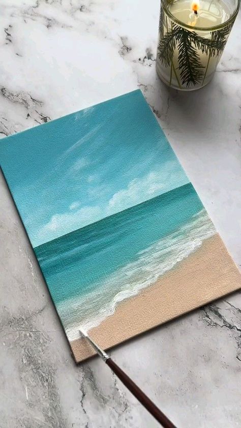 Beachside painting Beach Diy Painting, Beach Painting Tutorial Step By Step, Painting Ideas Ocean Easy, Painting A Beach Scene, Simple Beach Paintings For Beginners, Basic Painting Ideas For Beginners, Ocean Beach Painting, Switch Canvas Every 5 Minutes, Ocean Painting Acrylic Easy Step By Step