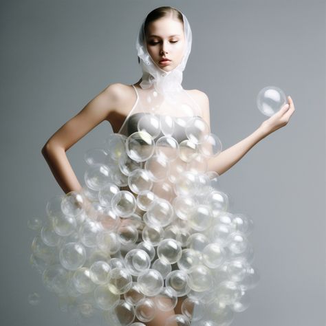 The Bubble Dress: this transparent dress is made up of interconnected plastic bubbles, giving a futuristic and peculiar look. Bubble Inspired Outfit, Futuristic Knitwear, Sculpture Costume, Debut Inspiration, Bubble Fashion, Bubble Costume, Plastic Outfit, Octopus Garden, Bubble Clothes