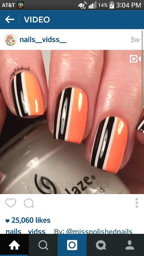 Beautiful black white orange stripe nail design White Orange Nails, White And Orange Nails, White Black Nails, Striped Nail Designs, Striped Nails, White And Orange, Nail Jewelry, Hard Gel, Orange Nails