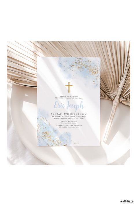 Boy Baptism Invitations, Baptismal Party, Boy Christening, Baptism Invitation, Boy Baptism, Baptism Invitations, Gold Cross, Blue Watercolor, Christening