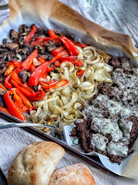 Sheet Pan Philly Cheesesteaks - Sweet Savory and Steph Shaved Beef Recipe, Sweet Savory And Steph, Healthy Beef Stroganoff, Shaved Beef, Peppers And Mushrooms, Healthy Pork Recipes, Philly Cheesesteaks, Love Change, Delicious Steak