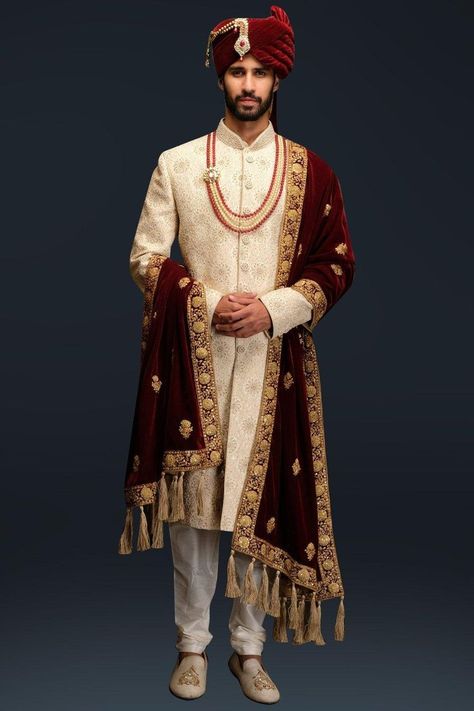 Ivory thread work sherwani set by Gujralsons | Carmaonline shop | Sherwani for men wedding, Wedding dresses men indian, Marriage dress for men Marriage Dress For Men, Groom Indian Wedding Outfits, Indian Groom Dress, Baju Kahwin, Sherwani For Men Wedding, Wedding Kurta For Men, Groom Dress Men, Wedding Outfits For Groom, Indian Groom Wear