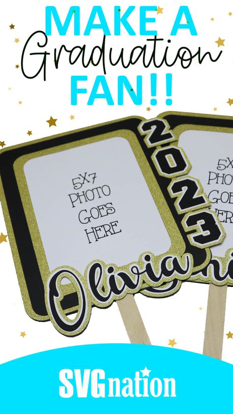 How to Make a Graduation Fan with Cricut - Free Fan Template! Cricut Graduation Announcements Diy, Graduation Fans With Picture Diy, Circuit Graduation Projects, Graduation Cricut Projects, Cricut Graduation Decorations, How To Make A Fan, Graduation Diy Ideas, Graduation Cricut Ideas, Graduation Fans