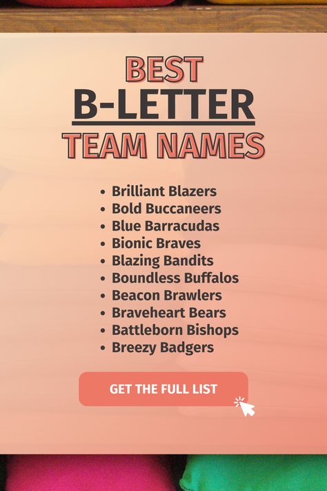 These are some of the best team names that start with a B. Which will you use for your next team? Cricket Team Names, Best Team Names, B Name, B Names, Best B, The Big Lebowski, Break Dance, Cricket Team, My Team