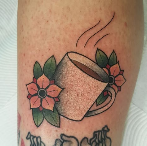 American Traditional Coffee Cup Tattoo, Coffee Mug Traditional Tattoo, Old School Coffee Tattoo, Coffee Mug Tattoo Ideas, Coffee Cup Tattoo Vintage, Coffee Cup Tattoo Ideas, American Traditional Coffee Tattoo, Traditional Coffee Cup Tattoo, Traditional Coffee Tattoo