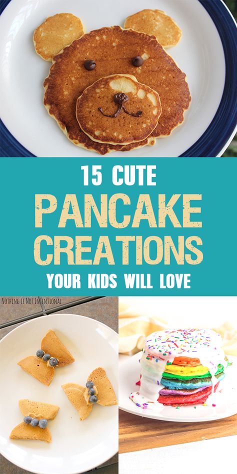 15 Cute Pancake Creations Your Kids Will Love Pancake Creations, Fun Kid Breakfast, Bear Pancakes, Fun Pancakes, Pancake Designs, Kids Pancakes, Rainbow Pancakes, Recipe Cheesecake, Pancake Art