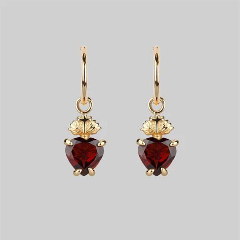 Gold And Red Jewelry, Garnet Heart, The Sacred Heart, Heart Hoop Earrings, Red Jewelry, Garnet Jewelry, Pierced Jewelry, Heart Gemstone, Garnet Earrings