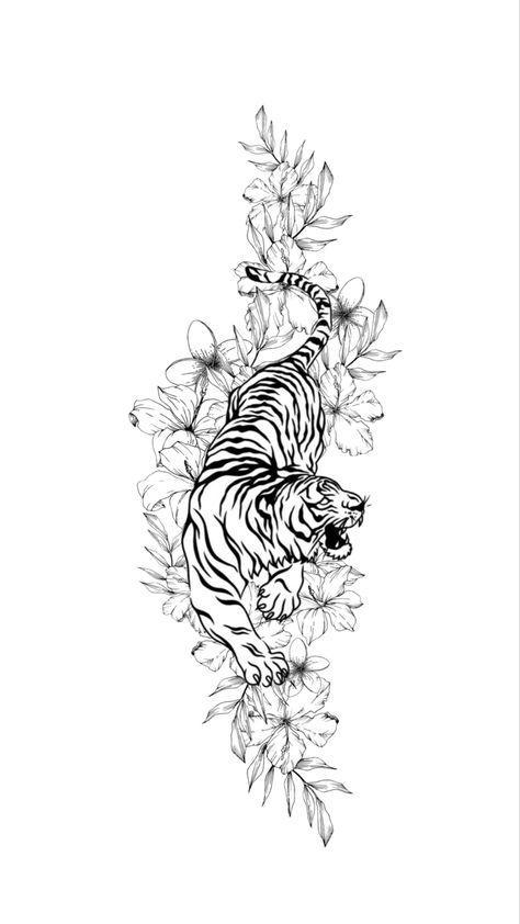 Tiger And Floral Tattoo, Spine Tattoos Tiger, Tiger In Flowers Tattoo, Spine Tattoos For Women Tiger, Forearm Tattoo Women Tiger, Tiger And Flowers Tattoo Design, Tiger Tattoo Flowers, Tiger On Hip Tattoo, Tiger Spine Tattoo Women