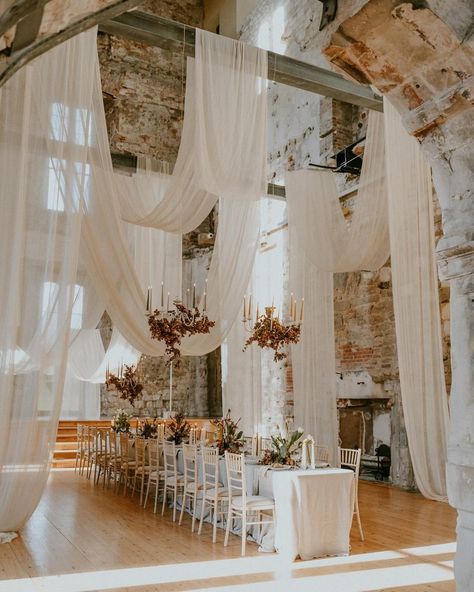 wedding • Instagram Fabric Installation Wedding, February Wedding Ideas, Wedding Drapes, Beach Table Decorations, Ceiling Swag, Wedding Drapery, Engagement Decor, Fabric Installation, February Wedding