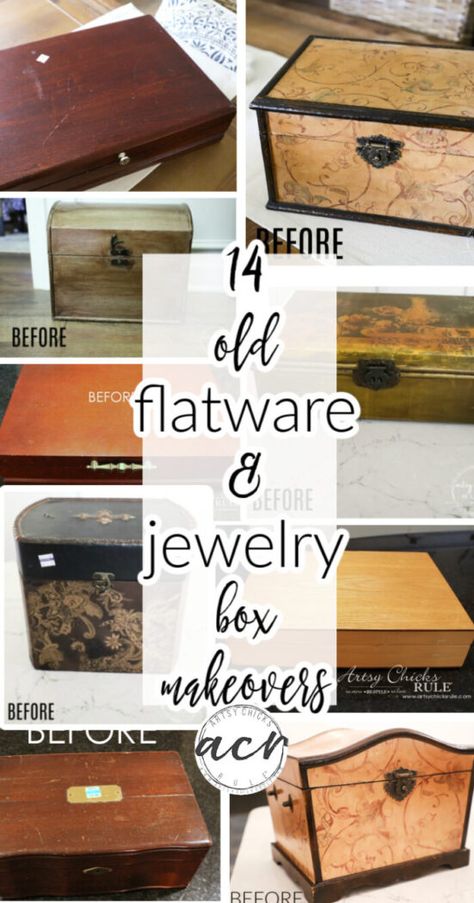 Old Silverware Box Ideas, Repurpose Silverware Boxes, Wooden Boxes Ideas Decor, Upcycled Jewelry Box Diy, Upcycle Boxes, Keepsake Box Diy, Upcycle Jewelry Box, Diy Jewelry Box, Wooden Box Crafts