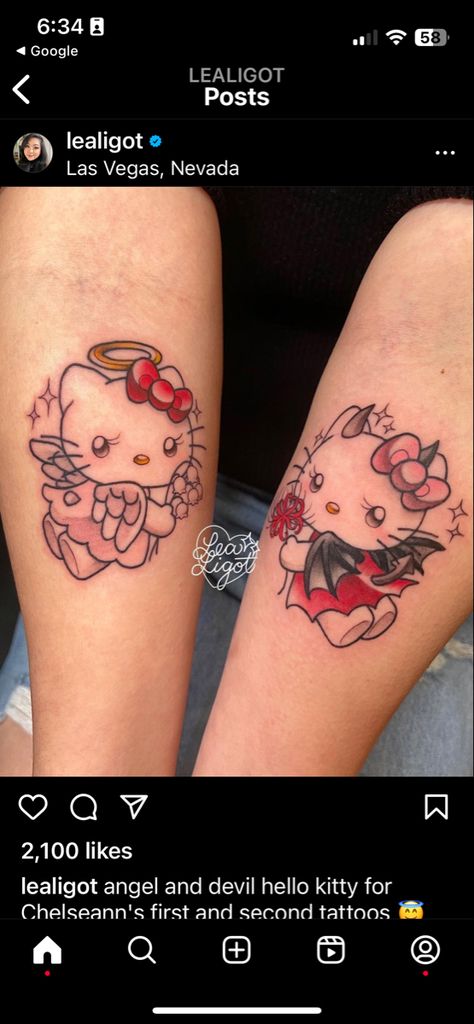 Hello Kitty Halloween Tattoo, Matching Hello Kitty Tattoos, Halloween Hello Kitty Tattoo, Hello Kitty Angel Tattoo, Hello Kitty Angel, Hello Kitty Horror Tattoo, Devil Hello Kitty Tattoo, Angel Hello Kitty Tattoo, Tatuajes Hello Kitty Tattoos