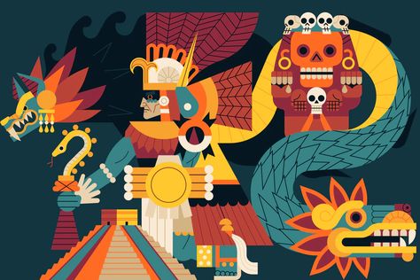 Aztec Mythology | Illustration by Owen Davey Aztec Illustration, Owen Davey, Aztec Mythology, Aztec Civilization, Creation Myth, Welcome Home Images, Japanese Mythology, Chinese Mythology, Aztec Art