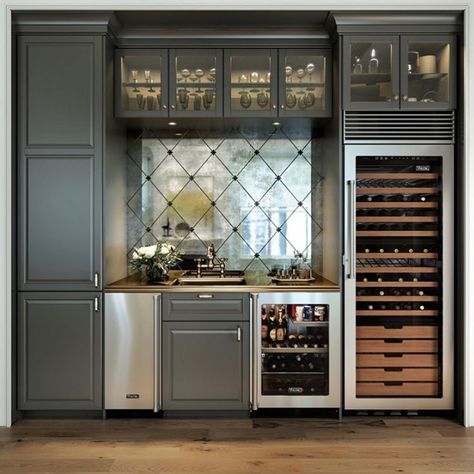 Built In Buffet Dining Room, Wine Refrigerator Cabinet, Tall Wine Fridge, Wine Fridge Cabinet, Wine Storage Wall, Dining Room Built Ins, Dining Room Built In, Home Wet Bar, Grand Kitchen