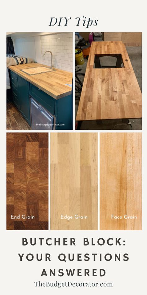 Wondering whether butcher block is the best choice for your next project? Or maybe you've already decided on butcher block... and now you just need to figure out how to prepare, install, finish and/or seal your butcher block countertop? Well this is for you! Let's get those questions answered and your project completed and stunning! Check out this post for all kinds of tips for choosing and working with butcher block! #diycountertops #diydesk #diykitchen #butcherblock How To Make Butcher Block, Bamboo Butcher Block Countertops, How To Build Butcher Block Countertops, Butcher Block Color Ideas, Teak Butcher Block Countertops, Butcher Block Countertops Sealing, Stain For Butcher Block Countertops, Butcher Block Countertops Farmhouse, Whitewash Butcher Block Countertops