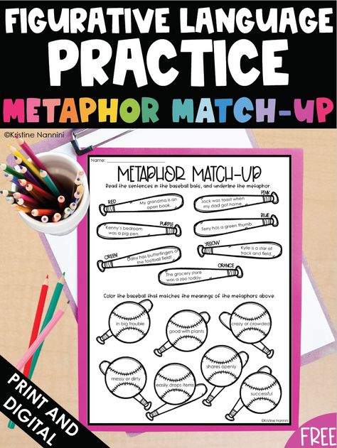 Metaphor Activities Third Grade, Simile And Metaphore Activities, Metaphors Activities, Similes And Metaphors Activities, Metaphors Examples, Metaphor Activities, Figurative Language Activity, Similes And Metaphors, Grammar Skills