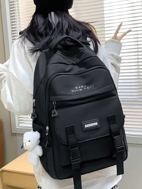 Preppy Classic Backpack Black Letter Patch Decor With Bag Charm For School | SHEIN USA Lightweight Travel Backpack, Black Preppy, Black School Bags, Cute School Bags, Big Backpacks, Dream Things, Stylish School Bags, Daypack Backpack, Fancy Drinks