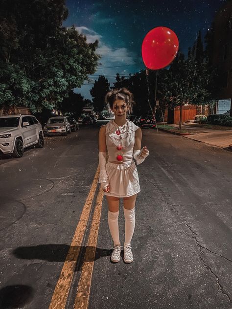 DIY Pennywise IT clown halloween costume | #halloweencostumeideas #costume #halloween #halloweencostume #halloweencostumes #pennywise #pennywisecostume #diycostume #costumeideas #clowncostume #clown #itclown #pennywiseoutfit Diy Female Pennywise Costume, Underground Halloween Costumes, It Womens Costume, Homemade Clown Costume Woman, Penny Wise Halloween Costumes, Women Pennywise Costume, It Clown Halloween Costumes, Women It Costume, Halloween Costumes Clown Women