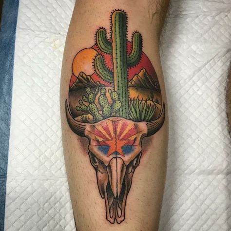 Arizona themed cactus and skull tattoo - Aaron Casas Men Cactus Tattoo, Traditional Arizona Tattoo, Bull Skull Tattoo With Cactus, Tucson Tattoo Ideas, Neo Traditional Cactus Tattoo, Cow Skull And Cactus Tattoo, Cow Skull Tattoo Traditional, Desert Scene Tattoo Sleeve, Cactus And Skull Tattoo