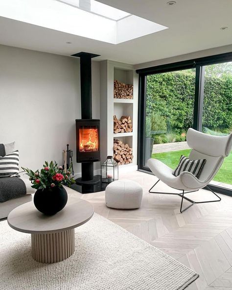 Corner Log Burner, Modern Log Burners, Wood Burning Stoves Living Room, Log Burner Living Room, Snug Room, Living Space Decor, Loft Interior, Log Burner, Living Room Inspo