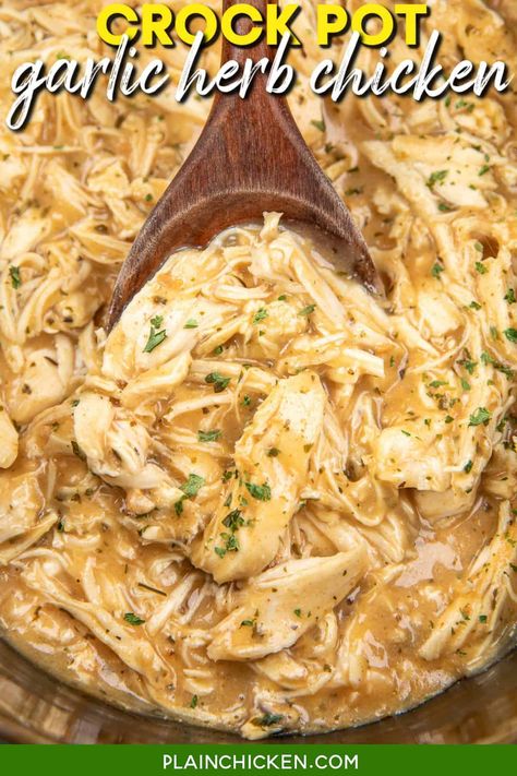 Crock Pot Garlic & Herb Chicken Recipe - a deliciously easy dinner! Tender chicken breasts slow-cooked in a creamy blend of garlic, herbs, and cream of chicken soup. Perfect for busy weeknights or comforting family meals. Serve it over mashed potatoes, rice, or noodles for a meal everyone will love! Herb Chicken Recipes, Chicken Main Dish Recipes, Italian Chicken Pasta, Chicken Breast Crockpot Recipes, Garlic Herb Chicken, Slow Cooker Casserole, Crockpot Chicken Breast, Chicken Crockpot Recipes Easy, Easy Chicken Breast