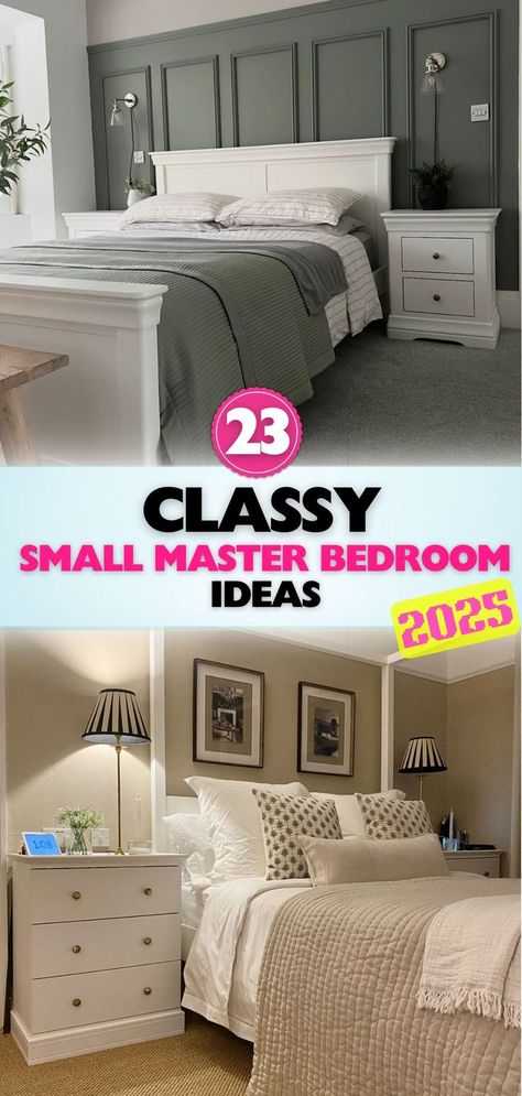 Small master bedrooms don’t have to be dull. Discover aesthetic design ideas for 2025 that provide modern, cozy, and functional solutions for a beautiful small bedroom. Small Luxury Master Bedrooms Decor, Small Full Size Bedroom Ideas, Bedroom Ideas For Small Rooms Gray, Womens Small Bedroom Ideas, Great Bedroom Ideas, Storage Ideas For Small Master Bedrooms, 15x14 Bedroom Layout, Budget Master Bedrooms Decor, Small Bedroom Design Ideas For Women