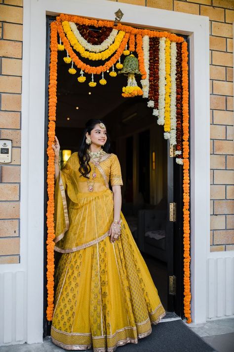 mustard yellow lehenga for haldi or mehendi Haldi Look For Bride In Lehenga, Outfit For House Warming Ceremony Indian, Outfits For House Warming Party Indian, Haldi Function Dress For Bride Indian, Yellow Saree Bride Indian Weddings, Mustard Yellow Bridal Lehenga, House Warming Ceremony Outfits, Gruhapravesam Outfits, Haladi Shastra Dress For Bride