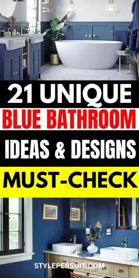 21 Blue Bathroom Ideas With Timeless Style Funky Blue Bathroom, Bathrooms With Blue Walls, Bathroom Ideas With Navy Blue Vanity, Bathroom With Blue Vanity Ideas, Indigo Bathroom Ideas, Dark Blue Wall Bathroom, Light Blue Tile Bathroom Ideas, Blue Tile Wall Bathroom, Grey And Blue Bathroom Ideas Colour Schemes Master Bath