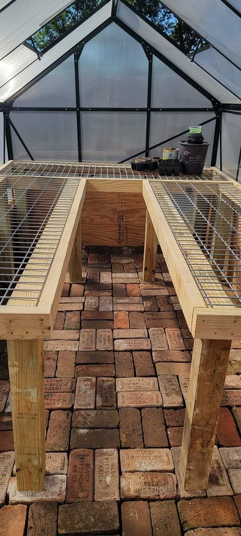 Greenhouse Brick Base, Greenhouse Rack Ideas, Lattice Greenhouse, Open Air Greenhouse, High Tunnel Greenhouse Layout, Greenhouse With Storage, Pallet Greenhouse Shelving, Greenhouse Against House, Greenhouse Shelf Ideas