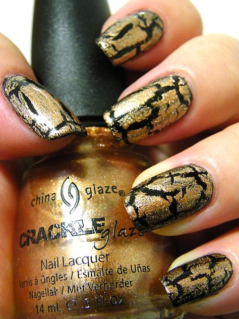 Another experiment with crackle / shatter nail polish. China Glaze's Cracked Medallion over Pure Ice's Black Rage topped with a couple of coats of Out the Door. #nailpolish #nailart Cracked Nail Polish, Crackle Nail Polish, Cracked Nails, Crackle Nails, Crayon Box, Nail Art Disney, Glass Nails, Crackle Glass, China Glaze