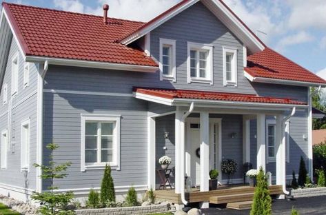 Red House Exterior, Grey Exterior House Colors, Best Exterior House Paint, Red Roof House, House Paint Color Combination, House Shutters, Gray House, Stucco Homes, Grey Houses