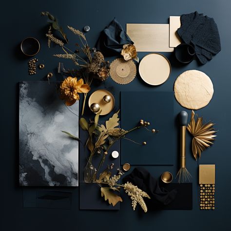 Luxurious Mood Board, Interior Decorating Mood Board, Color Mood Board Colour Palettes, Mood And Tone Interior, Blue And Black Mood Board, Dark Blue Gold Color Palette, Glam Mood Board, Blue Kitchen Mood Board, Navy Blue Interior