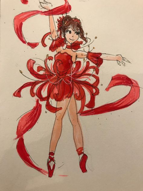 Inspiration from red spider-lilys Spider Outfit Drawing, How To Make Spider Lily, Spider Lily Clothes, Spider Lily Character Design, How To Draw Spider Lily, Flower Dress Art Drawings, Flower Dress Drawing Fashion Design, Red Spider Lily Anime, Spider Lily Dress