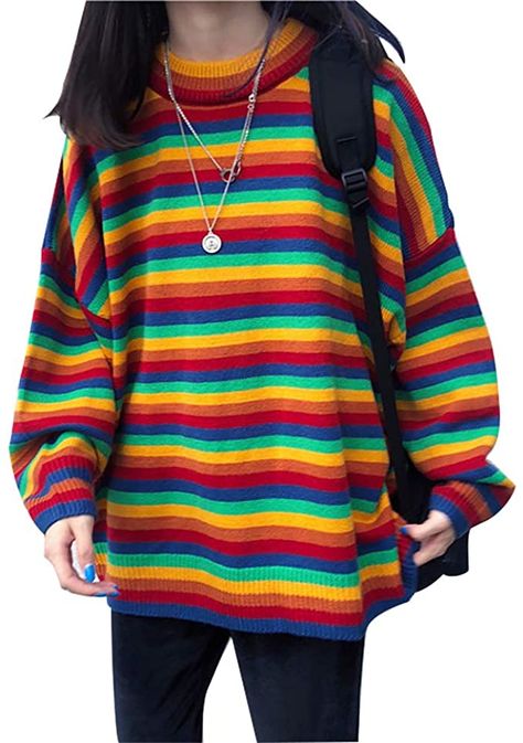 Korean Girl Fashion Casual, Baggy Sweaters, Japan Kawaii, Rainbow Outfit, Sweater Tops, Rainbow Sweater, Rainbow Fashion, Womens Sweaters, Sweater Oversized