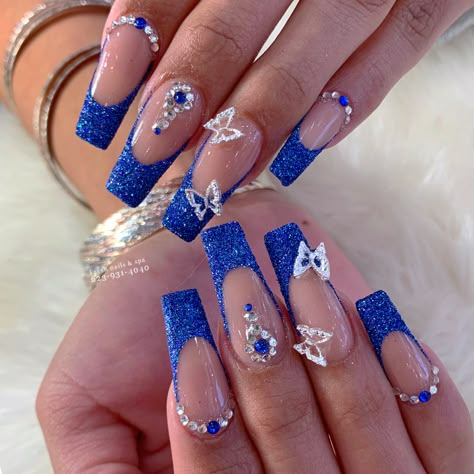 Blue And Gold Nails Ideas, Birthday Nails Gems, Royal Blue Nails With Silver, Royal Blue Quince Nails Simple, Blue Quinceanera Nails, Royal Blue And Silver Quinceanera Nails, Light Blue Quince Nails With Butterflies, Royal Blue Quince Nails, Quince Nails Blue Butterfly