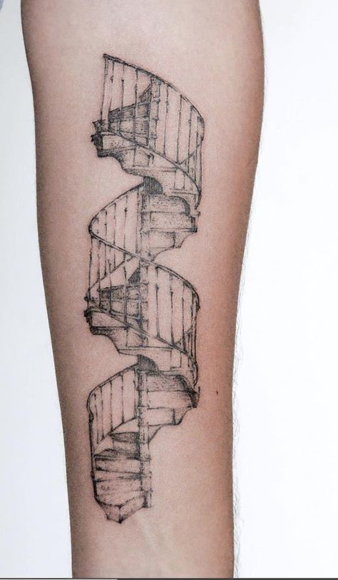 5 Unique Tattoo Ideas For Design And Architecture Lovers #architecture #detailedtattoos #tattooinspo #geometry #structure #perfection Deconstructed Tattoo Ideas, Tattoo Of Buildings, Tattoos For Interior Designers, Fine Line Architecture Tattoo, Interior Design Tattoo Ideas, Historical Art Tattoo, Arcitechture Tattoos, Architectural Tattoo Ideas, Stairwell Tattoo