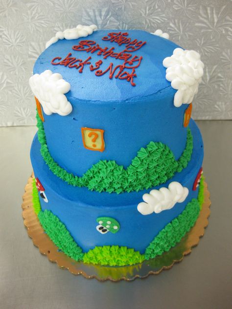 Mario Cake Buttercream, Super Mario Cake, Mario Cake, Plain Cake, 2 Tier Cake, Cake Buttercream, Super Mario Birthday, Tiered Cake, Mario Birthday